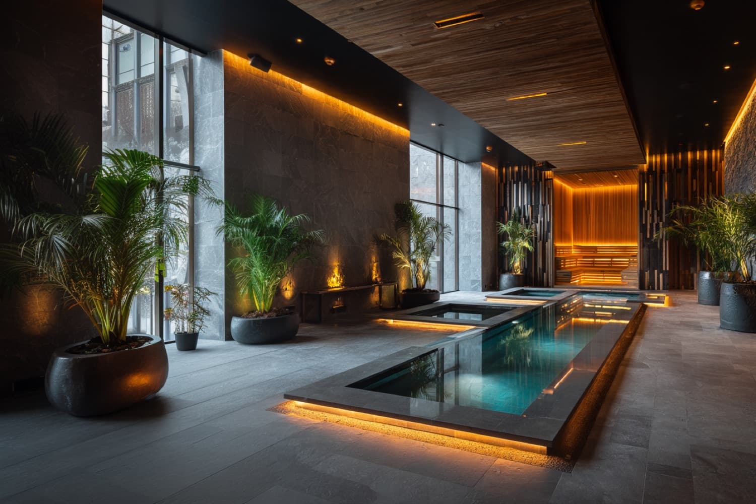 Reference photograph: a cold plunge pool, still water under low light