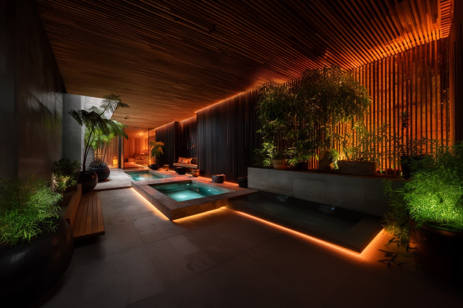 Reference photograph: low amber light across a cedar sauna