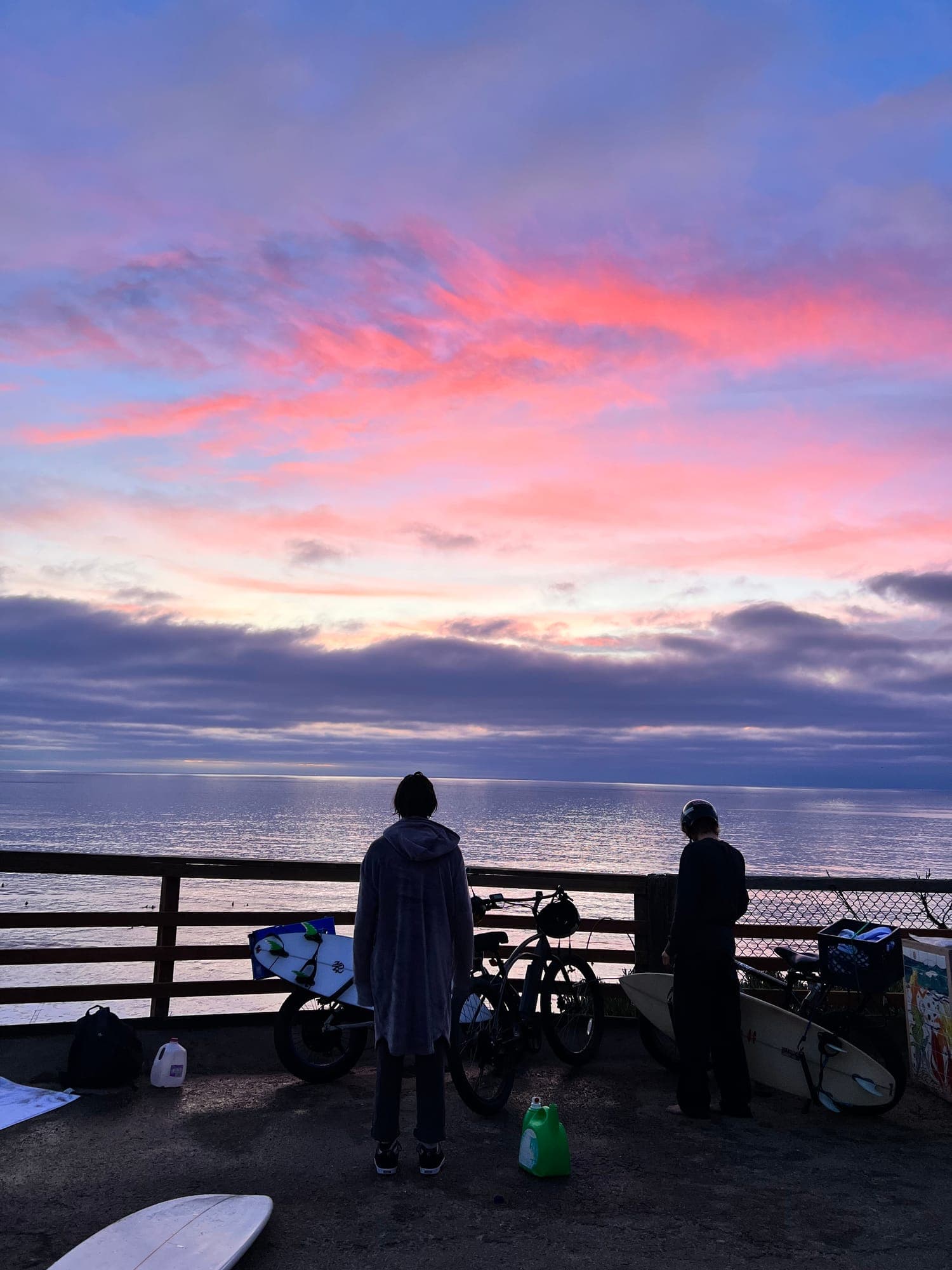 Two friends standing at a railing at dusk, watching a pink sunset over the ocean