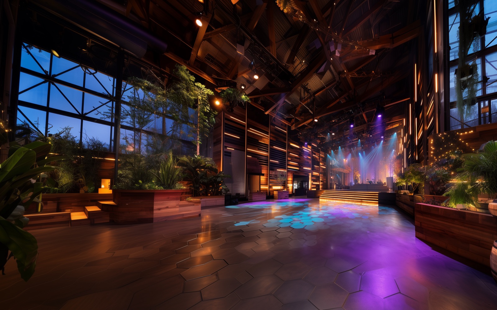 A concept render of a hall with a stage, lit for a night gathering