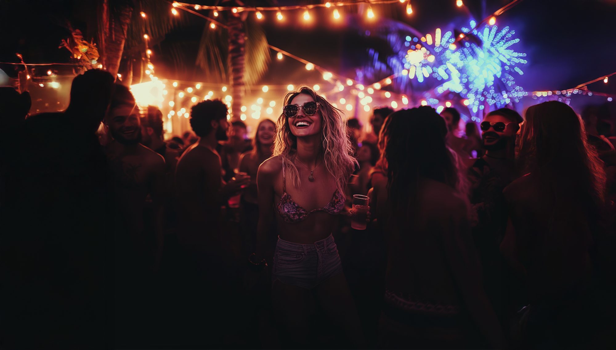 Friends gathered at a long table under string lights at night